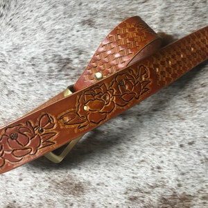 Personalised, hand tooled, leather belt, Japanese Peony, custom designed