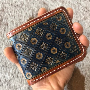 Hand tooled leather wallet, custom design, long wallet, Sheridan carving, bikers wallet