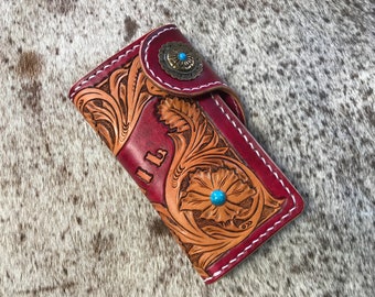 Sheridan tooled phone wallet, personalised leather smart phone case