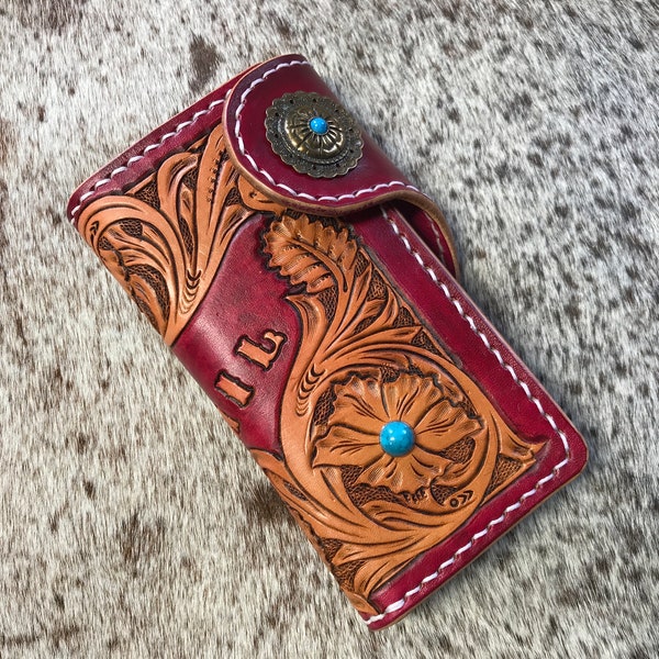 Sheridan tooled phone wallet, personalised leather smart phone case