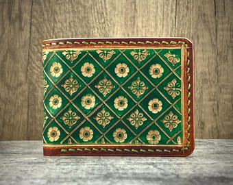 Hand tooled nature inspired leather wallet, green eco friendly leather bifold wallet