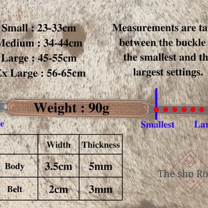 Puede incluir: Un collar de perro de cuero marr&oacute;n con una hebilla plateada y un patr&oacute;n tejido. El collar tiene 3,5 cm de ancho y 5 mm de grosor. El collar se muestra en diferentes tama&ntilde;os, que van desde 23-33 cm hasta 56-65 cm. El collar pesa 90 gramos. El texto "Peso: 90g" est&aacute; impreso en el collar. El texto "The sho Room" est&aacute; impreso en la parte inferior de la imagen.