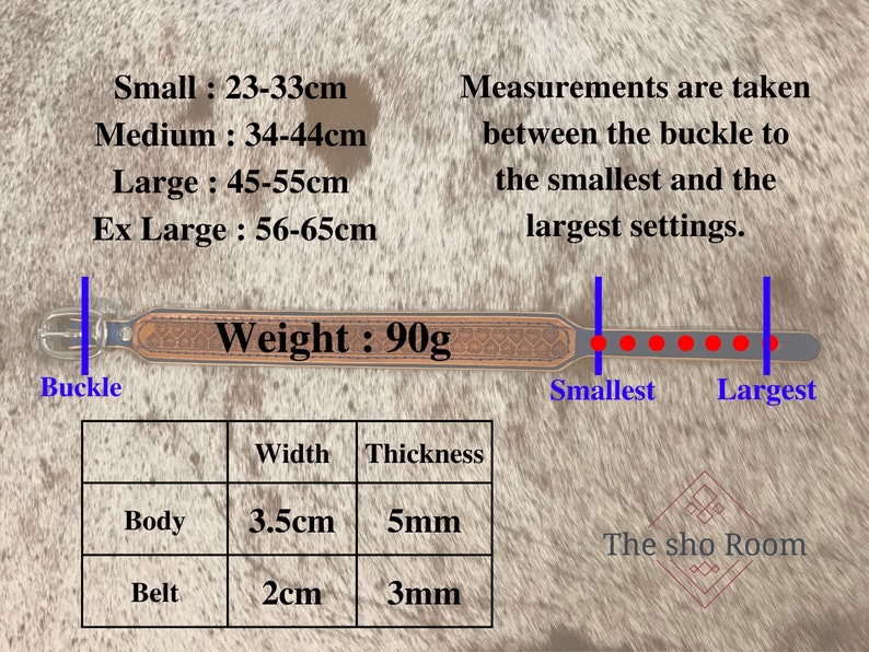 Puede incluir: Un collar de perro de cuero marr&oacute;n con una hebilla plateada y un patr&oacute;n tejido. El collar tiene 3,5 cm de ancho y 5 mm de grosor. El collar se muestra en diferentes tama&ntilde;os, que van desde 23-33 cm hasta 56-65 cm. El collar pesa 90 gramos. El texto "Peso: 90g" est&aacute; impreso en el collar. El texto "The sho Room" est&aacute; impreso en la parte inferior de la imagen.