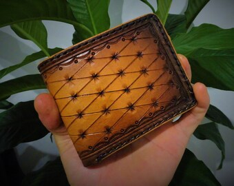 Men's Two-Tone Tooled Leather Rawhide Stitch Bifold Wallet