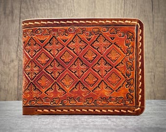 Hand tooled leather wallet, bikers leather wallet with tooling