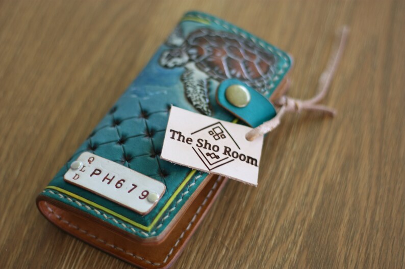palm tree tooled leather turtle Personalised phone wallet Universal phone case