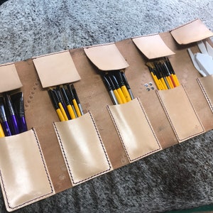 Custom leather paint brush holder wrap, art paint brush roll