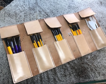 Custom leather paint brush holder wrap, art paint brush roll