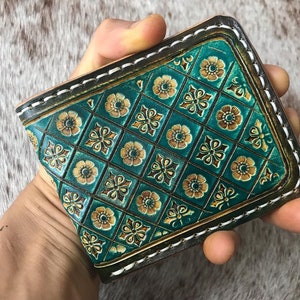 Cartera de cuero hecha a mano, diseño personalizado, billetera larga, tallado Sheridan, billetera de motociclista