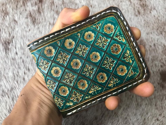 Hand tooled leather wallet, custom design, long wallet, Sheridan carving, bikers wallet