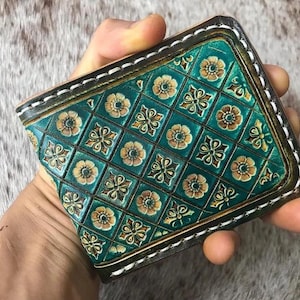 Hand tooled leather wallet, custom design, long wallet, Sheridan carving, bikers wallet