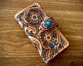 Tooled leather phone case, universal leather phone case, Personalised Hand tooled smart phone case, phone wallet, made to order