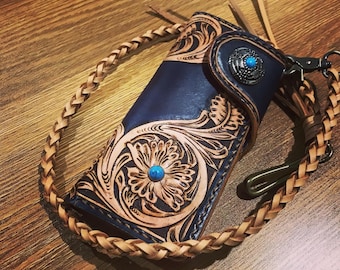 Hand tooled leather wallet, custom design, long wallet, Sheridan carving, bikers wallet