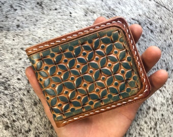 Hand tooled leather wallet, custom design, blue long wallet, Sheridan carving, bikers wallet