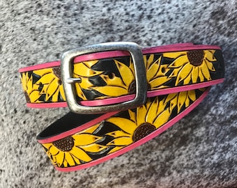 Hand tooled leather belt, sunflower leather belt, sunflower