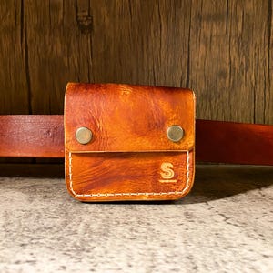 Mini bushcraft leather belt pouch with string, boho leather belt bag