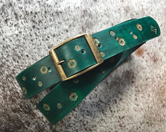 Flower pattern leather belt, unisex belt, tooled leather belt