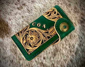 Sheridan tooled phone wallet, personalised leather smart phone case