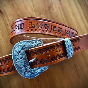 Hand tooled leather belt, cowboy and cow girl western leather belt