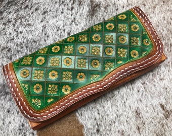 Hand tooled leather wallet, custom design, long wallet, Sheridan carving, bikers wallet