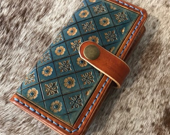 Tooled leather smart phone case, mobile phone wallet, phone cover with card pocket