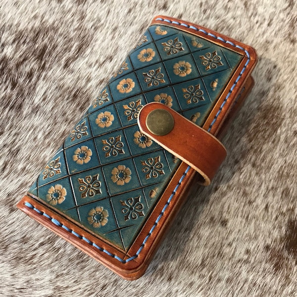 Tooled leather smart phone case, mobile phone wallet, phone cover with card pocket
