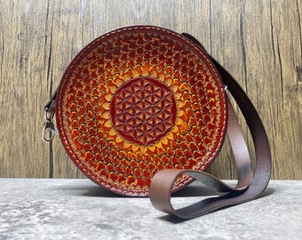 Hand Tooled Leather Shoulder Bag, Round Canteen Bag