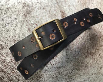 Flower pattern leather belt, unisex belt, tooled leather belt