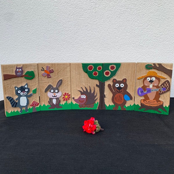 Holz Bild Kinder Eiche Wandbild Kinder Tiere Waschbär Hase Igel Bär Biber bunt Zimmer Relief Schnitzerei Set 5 Stück Spiel Rahmen Deko USA