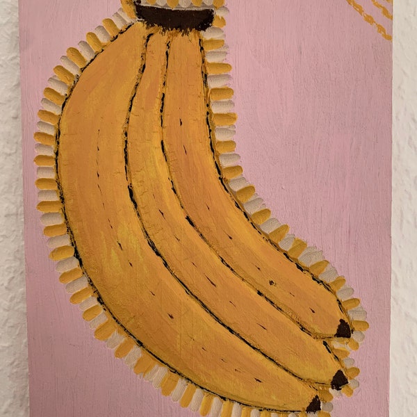 Banane Wandbild Deko Früchte Obst Nahrung Schnitzerei Bild Farbe bunt Acryl Holz Linde