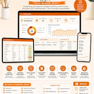 Könnte beinhalten: Ein All-in-One-System zur zutatenbasierten Bestandsverwaltung für Lebensmittelunternehmen. Die Anzeige zeigt ein Dashboard, eine Zutatenliste und einen täglichen Gewinnbericht auf einem Laptop- und Smartphone-Bildschirm mit orangefarbenen Grafiken.