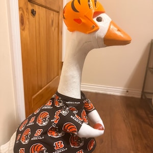 Può includere: Una statua di oca bianca che indossa un casco da football americano arancione a strisce nere e una maglietta nera con un motivo ripetuto di caschi dei Cincinnati Bengals e il logo della squadra. L'oca tiene in ala un piccolo pallone da football.