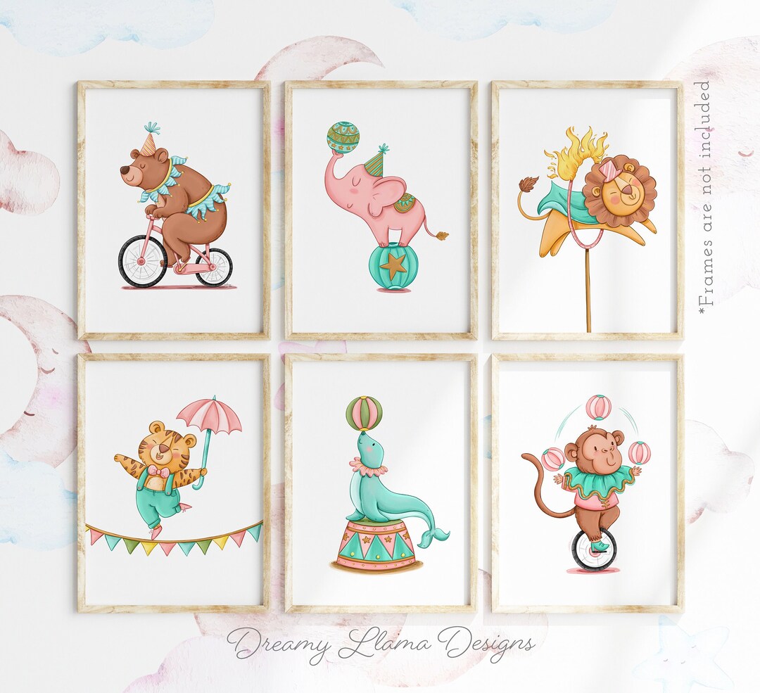 Set of 6 Circus Theme Nursery Prints, Pastel Baby Room Wall Art, Kids ...