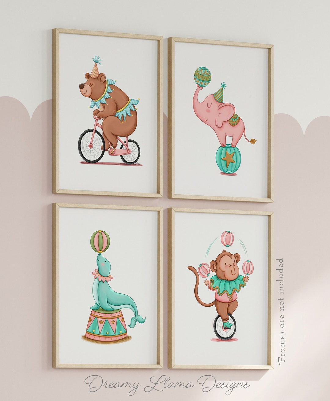 Set of 4 Circus Theme Nursery Prints, Pastel Baby Room Wall Art, Kids ...