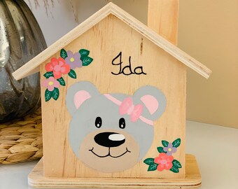 Spardose, Haus, Holz, Geschenk, Geburt, Taufe, personalisiert,