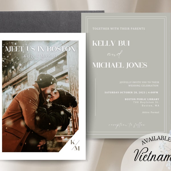 Vietnamese and English Wedding Invitation Bundle Template Modern Classical Minimal, Bilingual Customizable Printable Instant Download Card