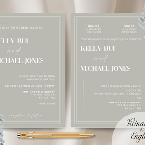 Vietnamese and English Wedding Invitation Template, Modern Traditional Bilingual Wedding Invitation, Printable Customizable Instant Download