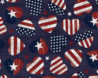 Navy American Flag Hearts by Timeless Treasures
