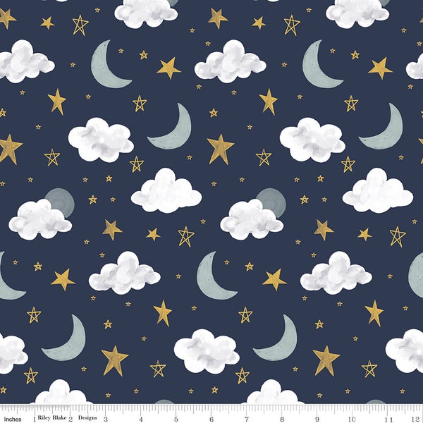 It's A Boy, Moon & Stars Navy, Fabric by Riley Blake, Baby Boy Fabric