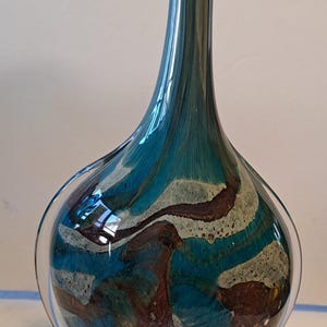 Gorgeous 9.75&quot; Tall Michael Harris Mdina Art Glass Bud Vase Teal  and Grey colorful Vase