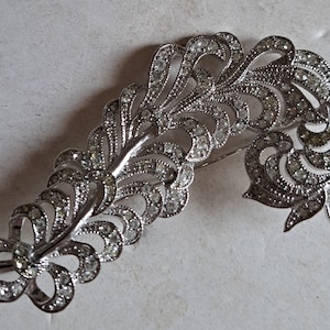 Vintage KJL Kenneth J Lane Silver tone and Rhinestone Plume Pin  3&quot; wide