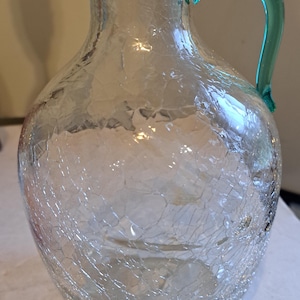 Vintage Blenko  Crackle Glass Art Glass Jug 417 7.75&quot;tall green handle