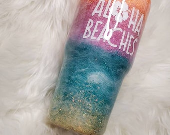 Beach sunset tumbler, messy bun, beach, sunset, 30oz, curved stainless steel tumbler, glitter tumbler, aloha beaches, beach tumbler, summer