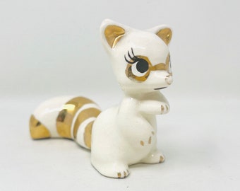 Figurine vintage de raton laveur en porcelaine blanche avec bordure en feuille d'or