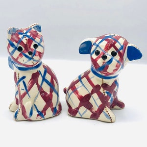 Vintage Hand Painted Plaid Puppy & Kitten Salt and Pepper Shaker Set