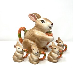 Vintage Bunny Rabbit Pitcher and Napkin Ring Set, Taiwan