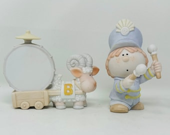 Vintage Bumpkins Figurine, Bandleader Child and Sheep with Wagon and Drum