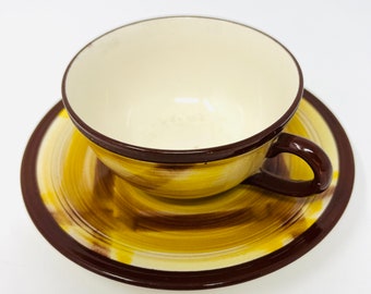 Mid Century Vernon Kilns Brown and Yellow Organdie Pattern Cup and Saucer, Set of Two