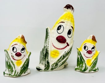 Vintage Happy/Smiling Corn Napkin Holder, Salt and Pepper Shaker Set