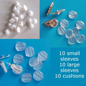 May include: A set of 10 small clear plastic sleeves, 10 large clear plastic sleeves, and 10 white cushions for earring backs. The sleeves are designed to fit over earring posts and the cushions are designed to fit over the back of the earring.